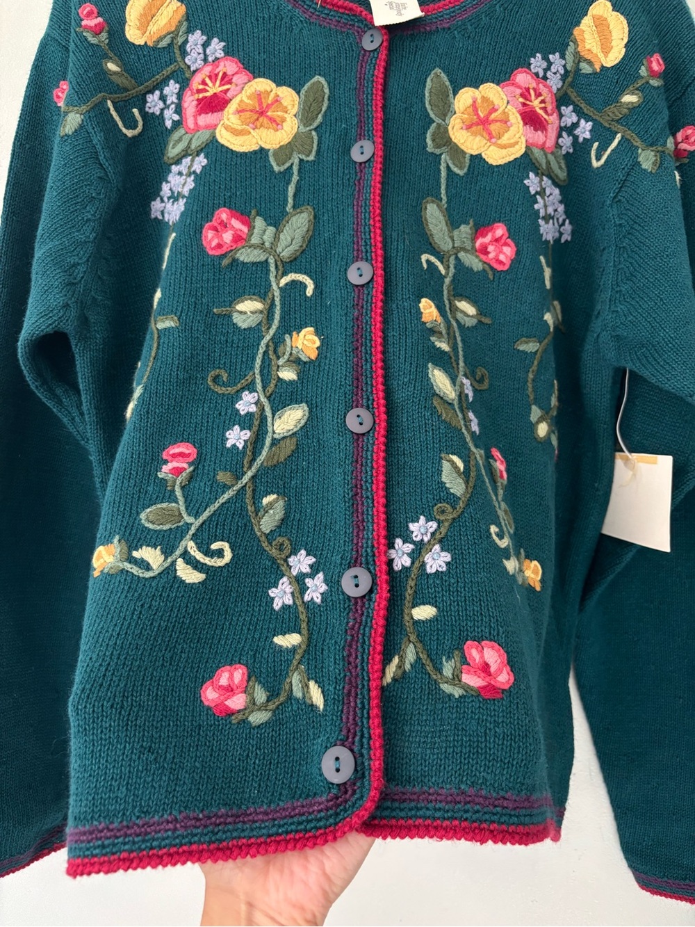 Vintage Cottagecore Teal Floral Knitted Embroidery Fairy Garden Granny Cardigan - Picture 5 of 9